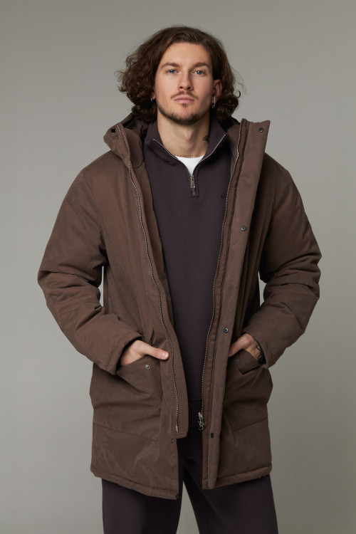 Куртка зимняя с капюшоном и накладными карманами Velour Touch, коричневый - 1