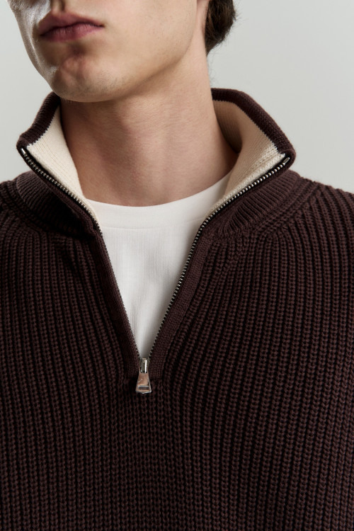 Свитер из хлопка с воротником на молнии Knitted Oversize, коричневый - 4