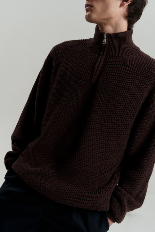Свитер из хлопка с воротником на молнии Knitted Oversize, коричневый - 3