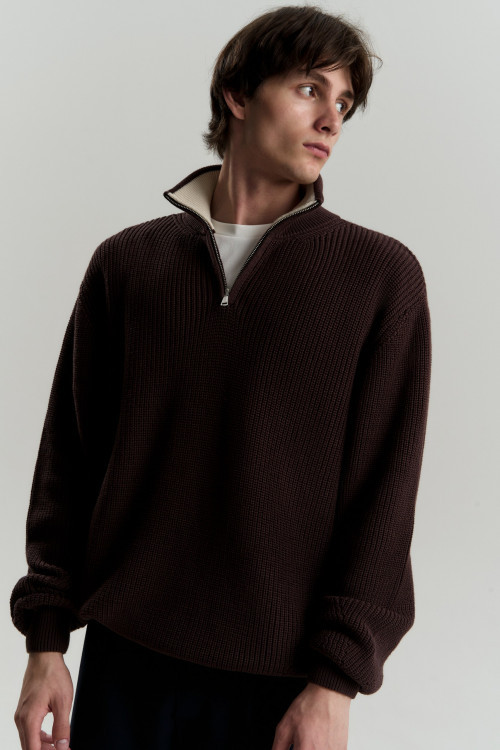 Свитер из хлопка с воротником на молнии Knitted Oversize, коричневый