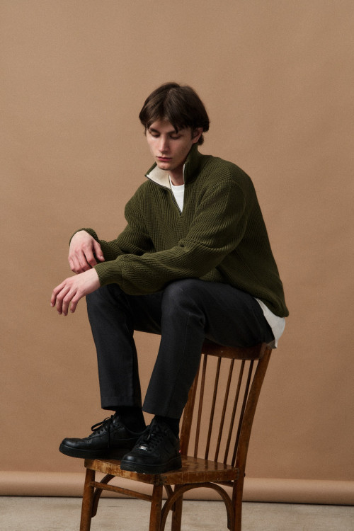 Свитер из хлопка с воротником на молнии Knitted Oversize, хаки - 4