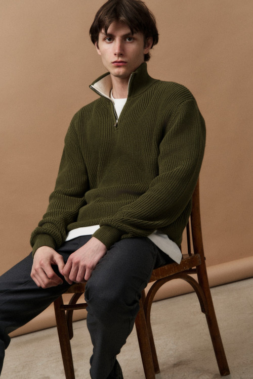 Свитер из хлопка с воротником на молнии Knitted Oversize, хаки
